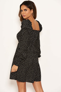 Black Spotty Square Neck Elasticated Swing Dress