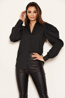 Black Poplin Puff Sleeve Shirt
