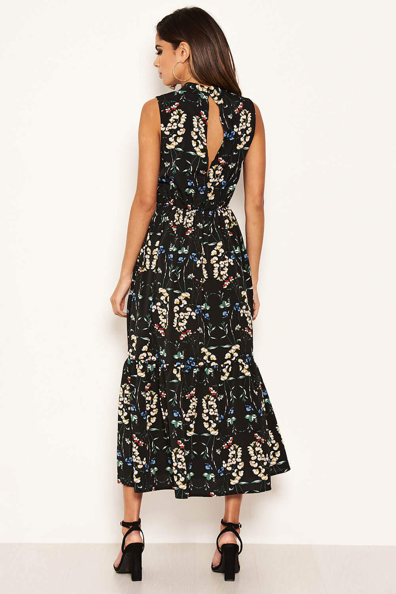 Black Paisley Frill Maxi Dress