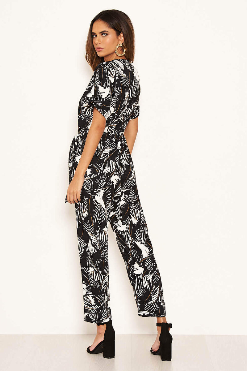 Black Tropical Wrap Knot Jumpsuit