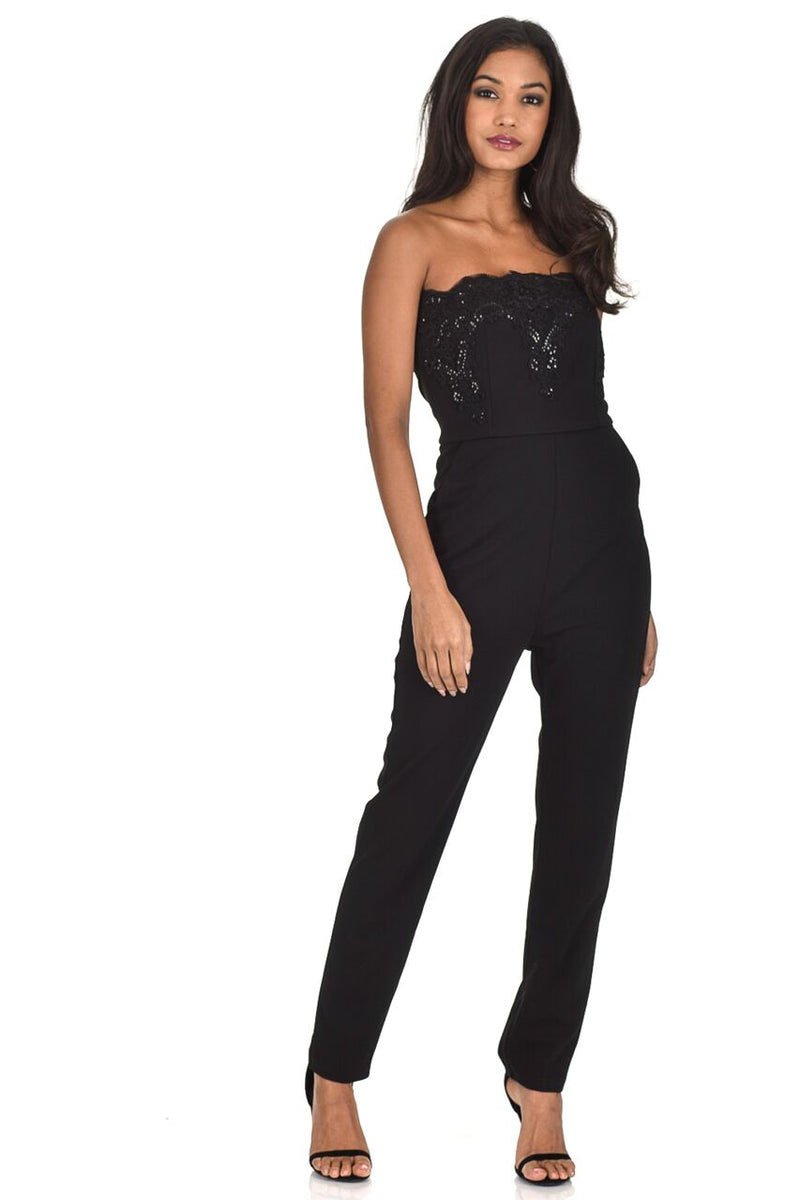 Black Strapless Lace Embellished Jumpsuit