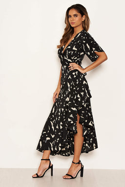 Black Printed Wrap Side Frill Dress