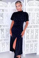 Black Spotty Ruched Split Maxi Dress