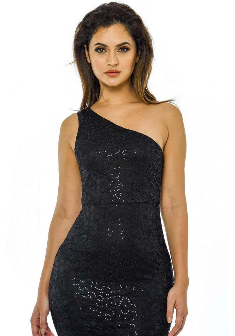 Black Sequin One Shoulder Maxi Dress
