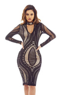 Black/Nude Mesh Bodycon Dress with Contrast Cut-Out-Neck Style