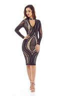 Black/Nude Mesh Bodycon Dress with Contrast Cut-Out-Neck Style