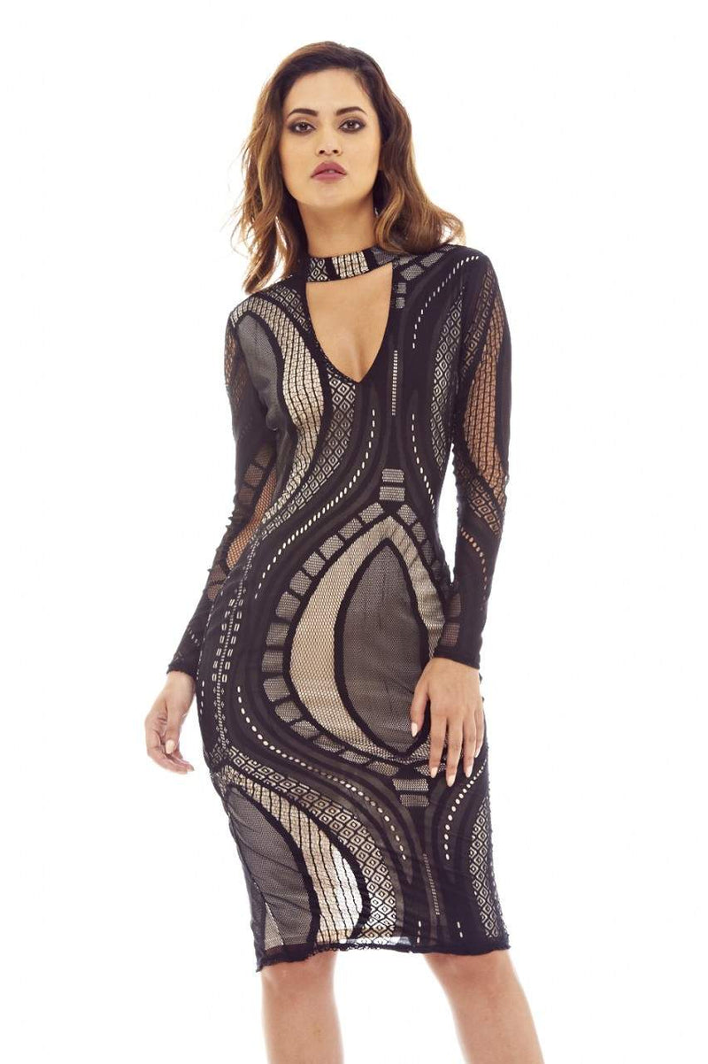 Black/Nude Mesh Bodycon Dress with Contrast Cut-Out-Neck Style