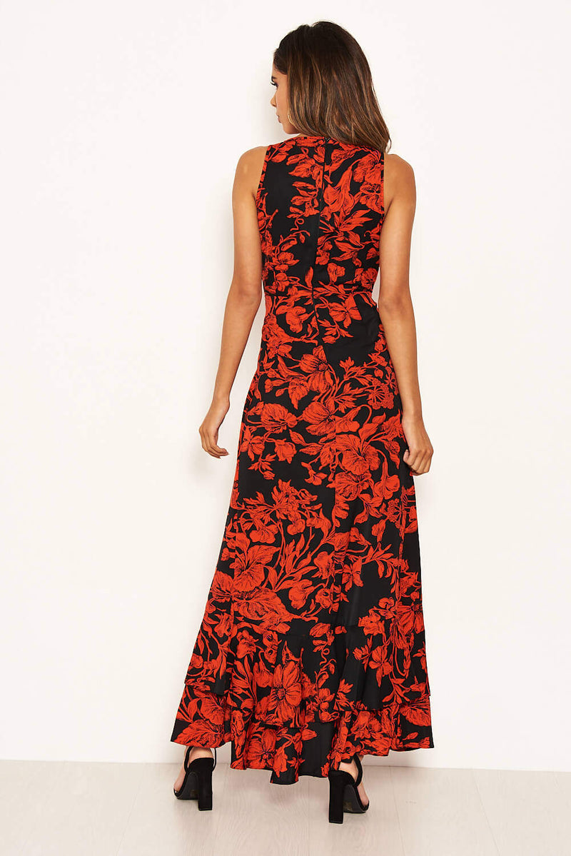 Red Floral Frill Hem Maxi Dress