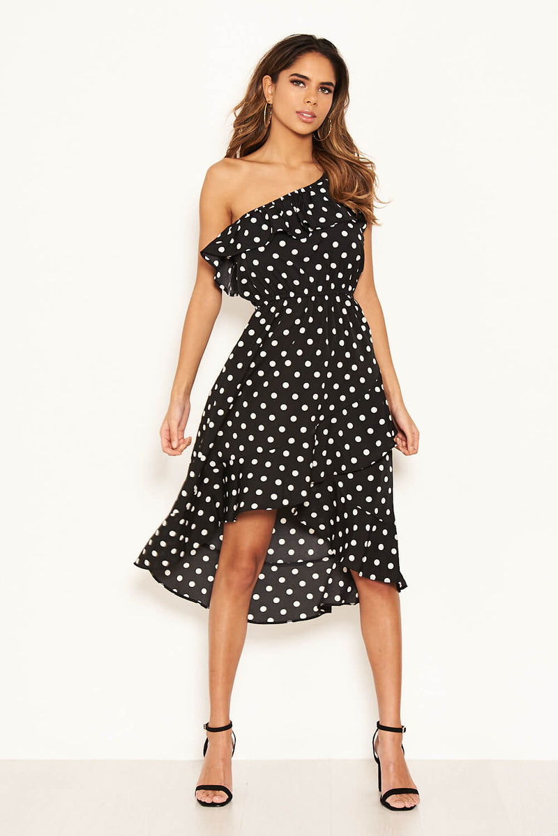 Black Polka Dot One Shoulder Frill Dress