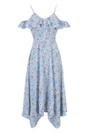 Blue Floral Cut Out Shoulder Dress