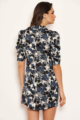 Blue Satin Printed Puff Sleeve Dress