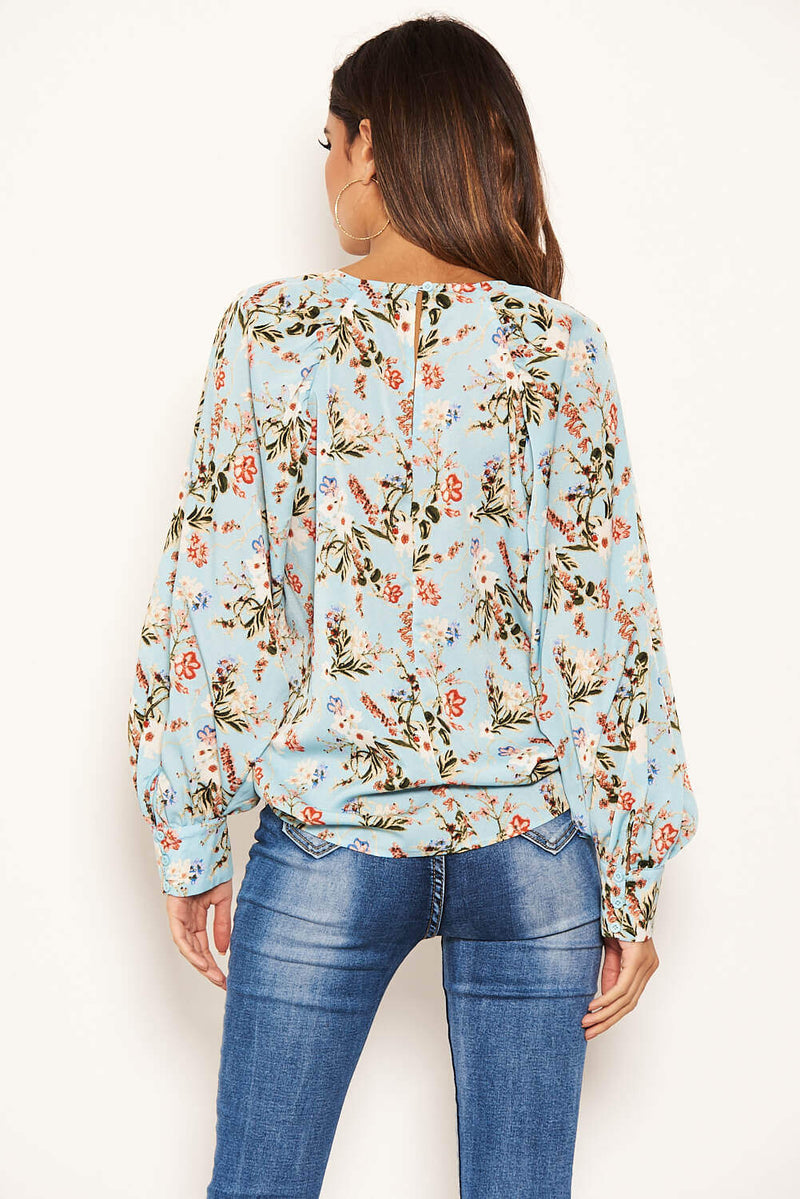 Blue Floral Print High Neck Wide Sleeve Top