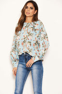 Blue Floral Print High Neck Wide Sleeve Top