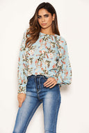 Blue Floral Print High Neck Wide Sleeve Top