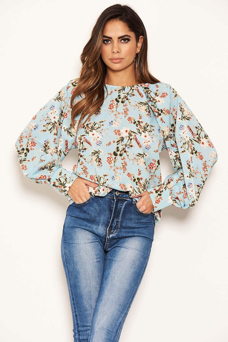 Blue Floral Print High Neck Wide Sleeve Top