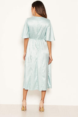 Blue Printed Satin Midi Dress