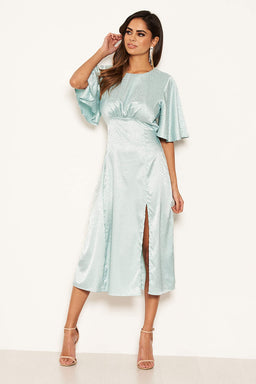 Blue Printed Satin Midi Dress