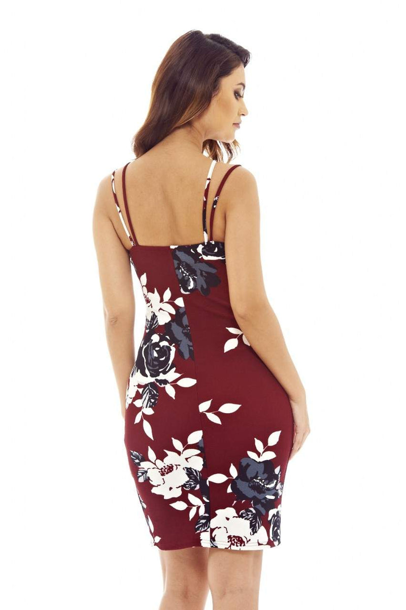 Burgundy Mini Dress with Floral Printed Detail