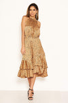 Camel Spotty High Ruffle Neck Midi Dress