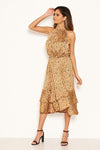 Camel Spotty High Ruffle Neck Midi Dress