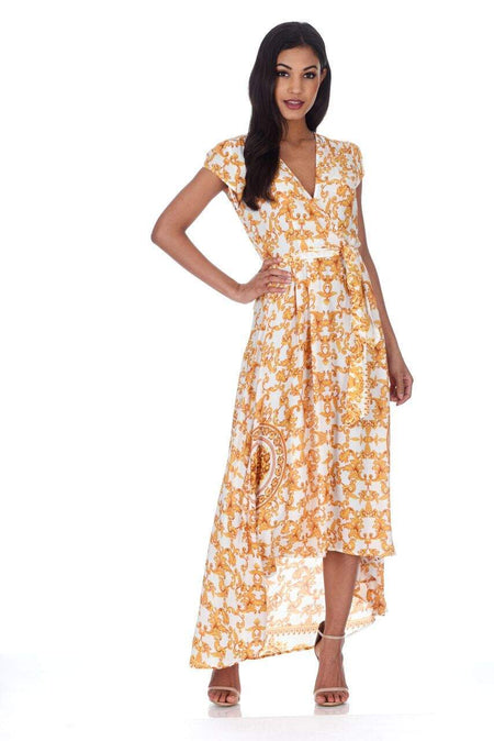 Cream And Gold Patterned Wrap Over V Neck Dress
