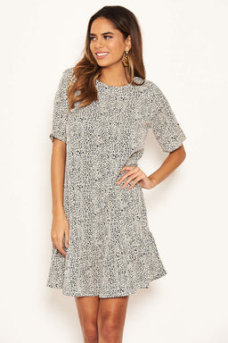 Cream Printed Frill Hem T-Shirt Dress