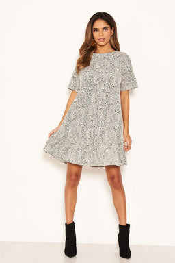 Cream Printed Frill Hem T-Shirt Dress