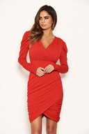 Red Long Puff Sleeved Ruched Wrap Dress
