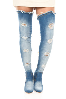 Dark Blue Denim Thigh High Boots