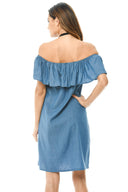 Blue Denim Dress Off Shoulder Frill Feature