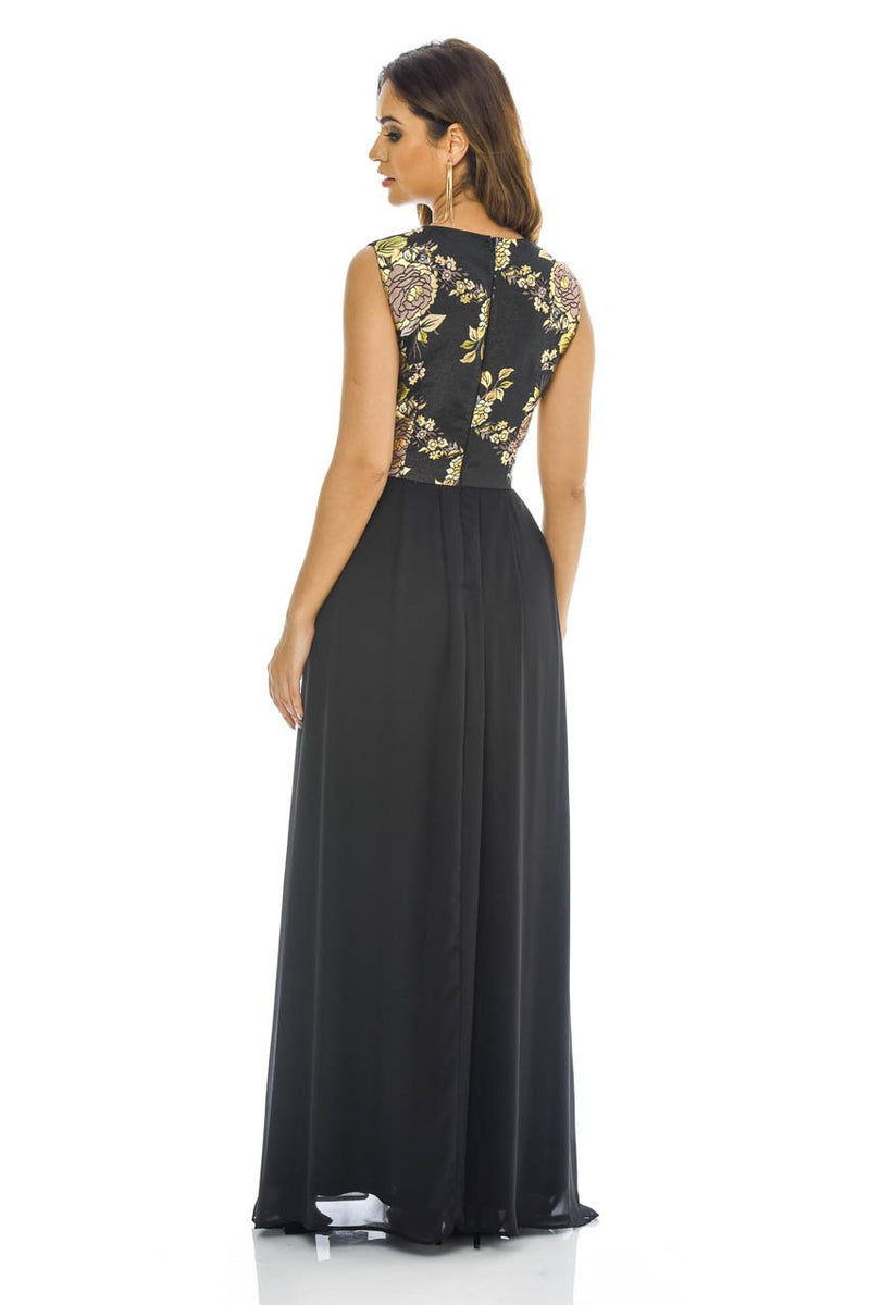 black Floral 2 in 1 V Neck Maxi Dress