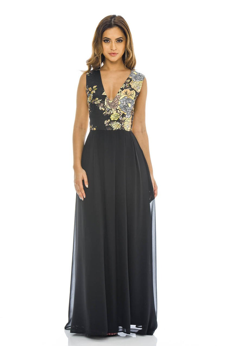 black Floral 2 in 1 V Neck Maxi Dress