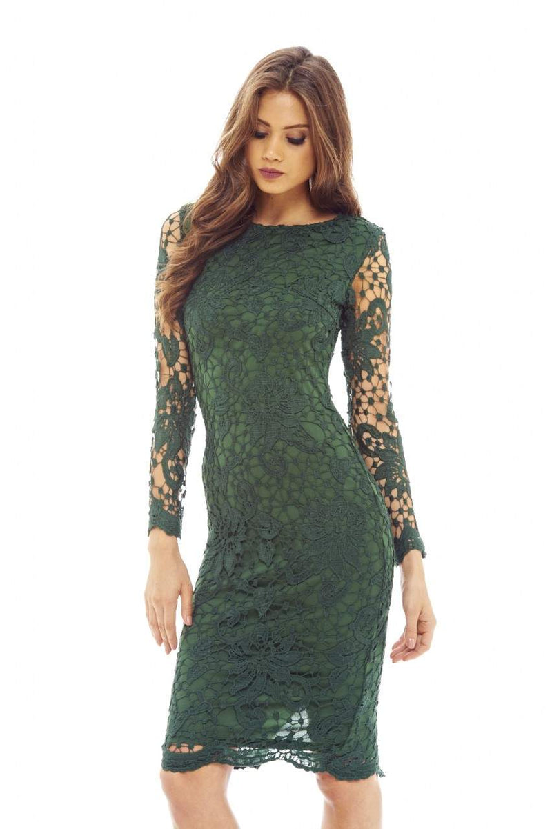 Green Crochet Dress with Long Sleeves Detail