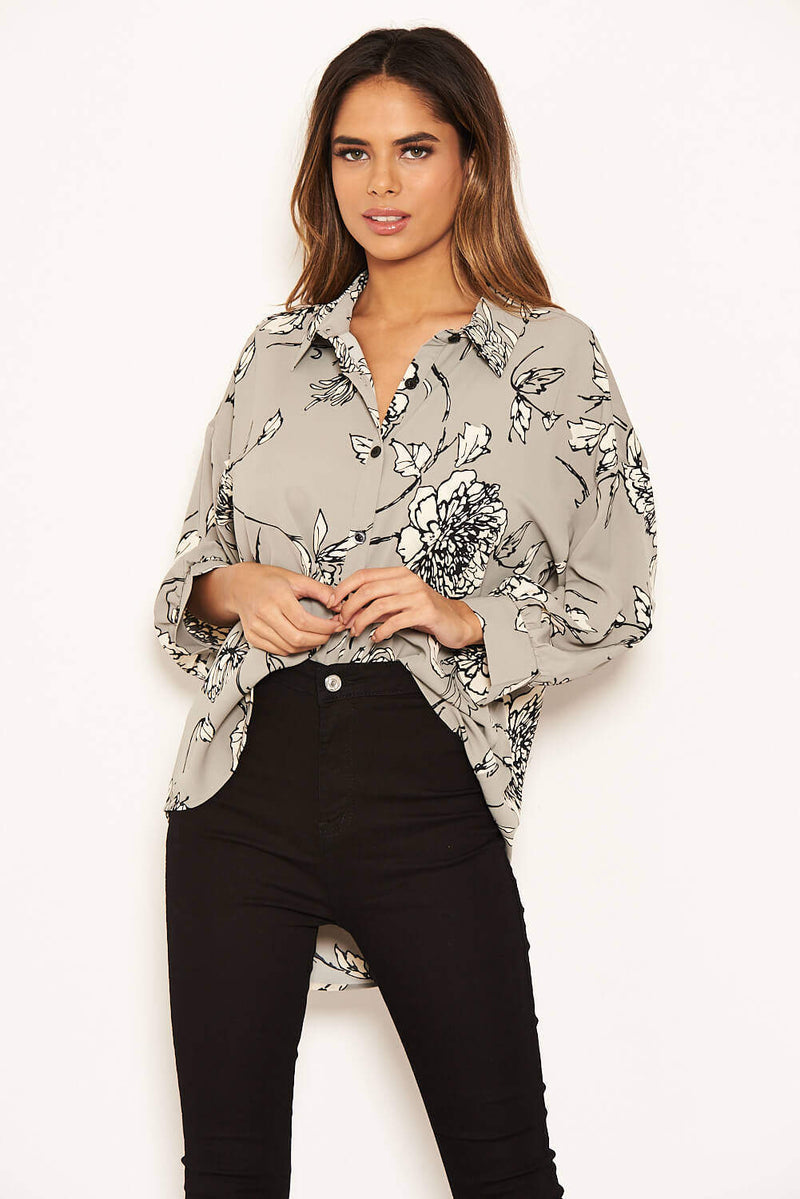Grey Floral Dip Hem Shirt