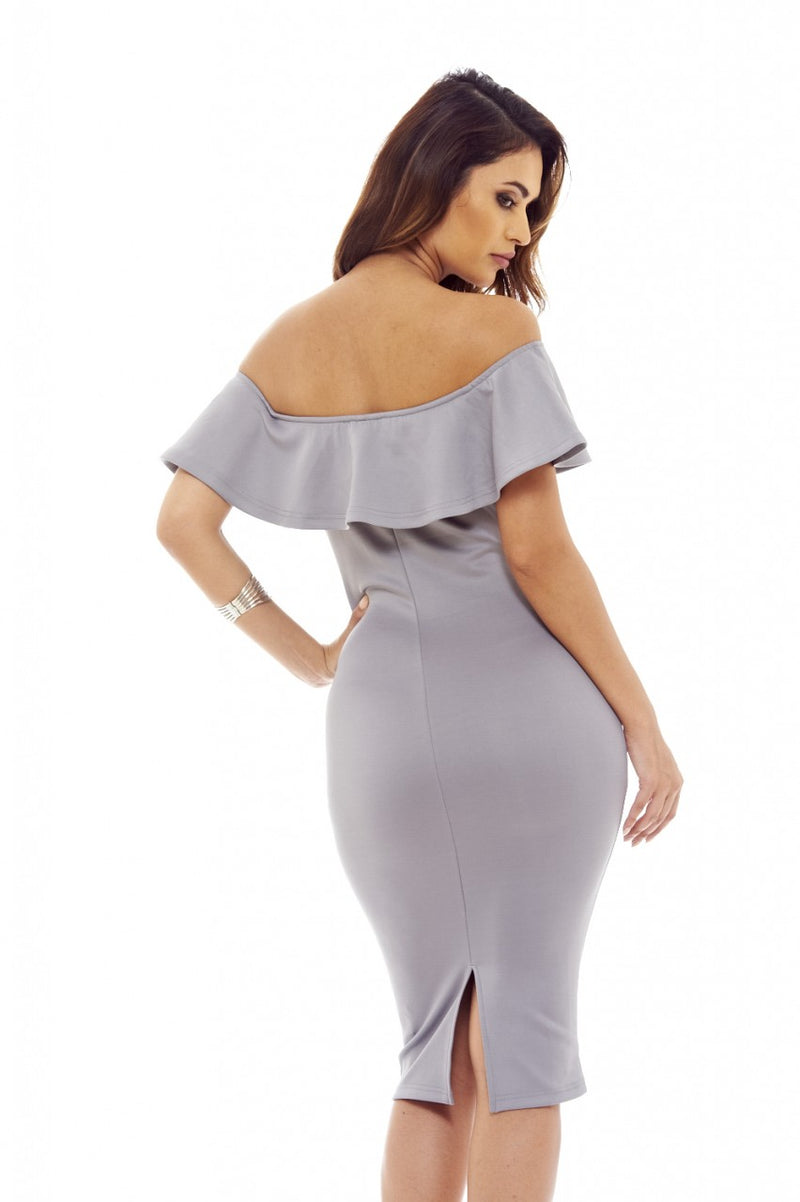 Grey Midi Dress with Off-The-Shoulder Frill Detail