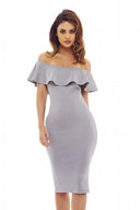 Grey Midi Dress with Off-The-Shoulder Frill Detail