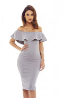 Grey Midi Dress with Off-The-Shoulder Frill Detail