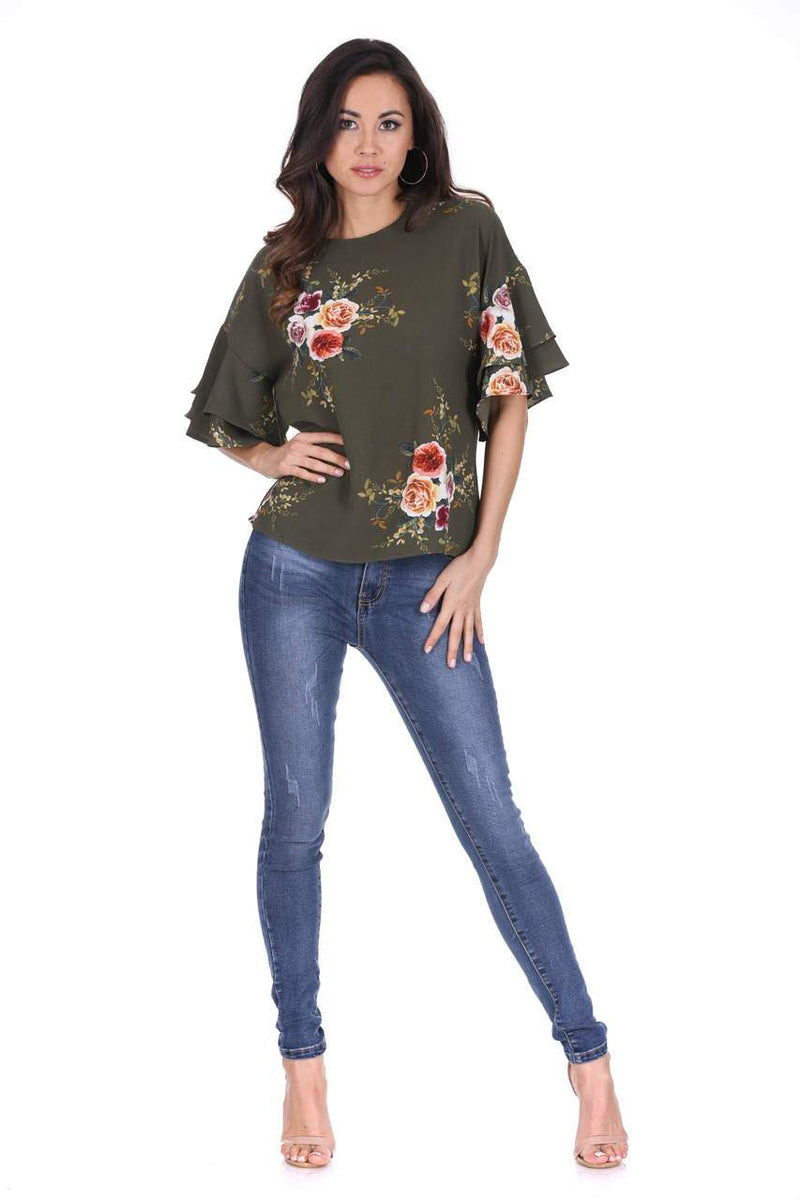 Khaki Printed Flared Sleeve Top