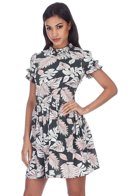 Khaki Leaf Style Print With Frill Detail Mini Dress