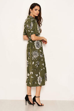 Khaki Printed Shirt Midi Dress