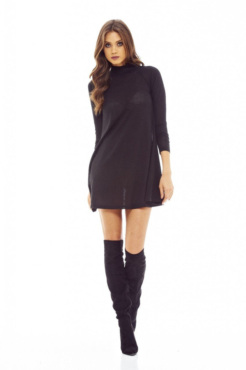 Black Knitted Swing Dress with Turtle Neck Style