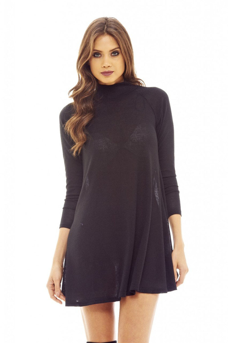 Black Knitted Swing Dress with Turtle Neck Style
