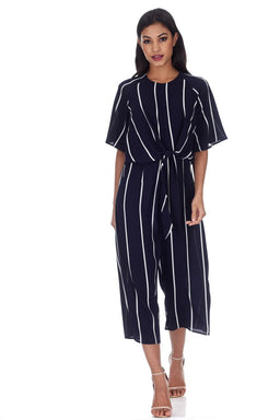 Navy Tie Front Striped Jumpsuit