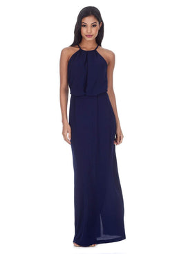 Navy Halterneck Strappy Lace Detail Maxi Dress
