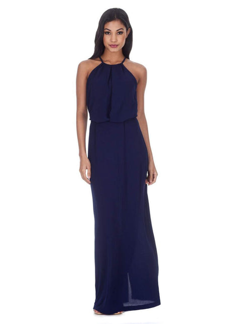 Navy Halterneck Strappy Lace Detail Maxi Dress