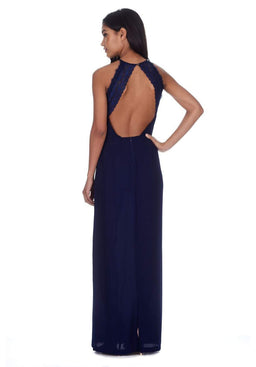 Navy Halterneck Strappy Lace Detail Maxi Dress