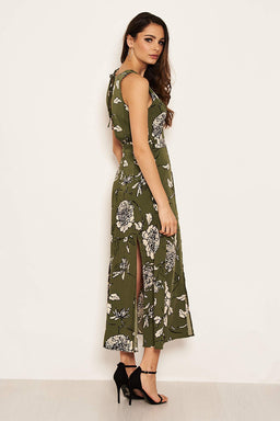 Khaki Printed Split Front Midaxi Dress