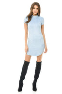 Blue Faux Suede Mini Dress With High Neck