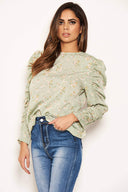 Mint Floral Puffed Ruched Long Sleeve Top