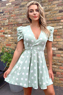 Mint Puff Sleeve Polka Dot Skater Dress